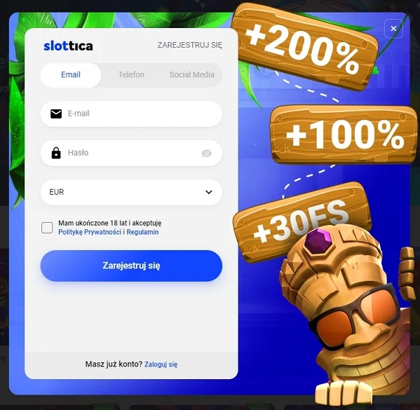 Formularz rejestracji w kasynie Slottica